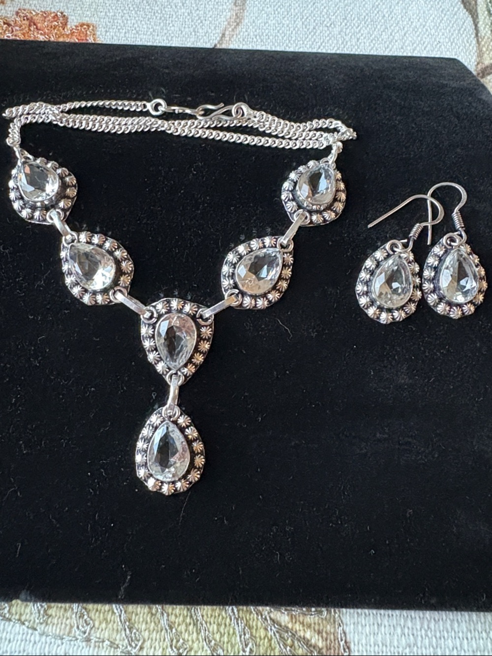 White Topaz Teardrop Silver Necklace and Earring Set